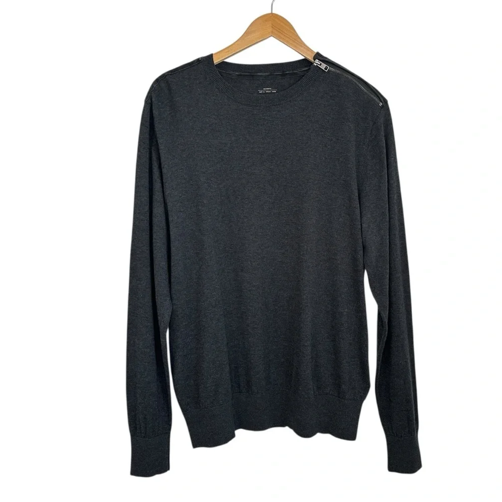 AllSaints Falster Mens Crew Wool Blend Sweater XXL Dark Gray Leather Details